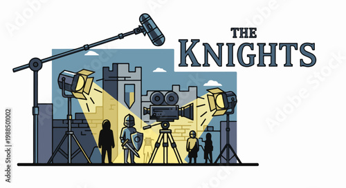 Knight film set with vintage camera, lights, boom mic, and castle backdrop
