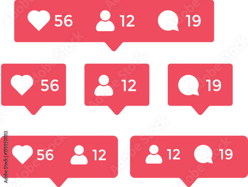 Social Media Notification Icon Set. Push notification and heart sign. Alert bell and message symbols. Digital interaction and update design
