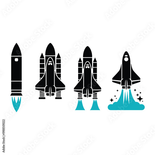 Launch of space shuttle silhouettes with blue flame smoke and stars isolated on checkered background for science mission concept.