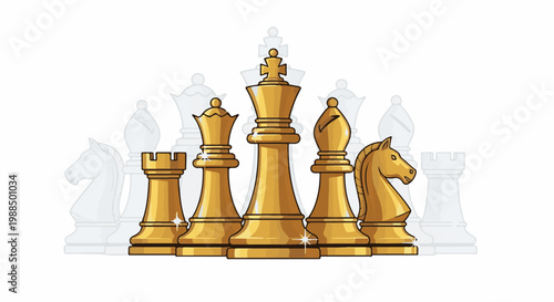 Golden chess pieces stand in formation against faded gray silhouettes