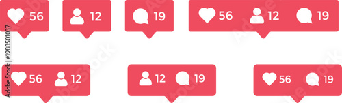 Social Media Notification Icon Set. Push notification and heart sign. Alert bell and message symbols. Digital interaction and update design
