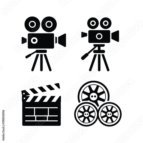 Set of black flat video camera icons with film reels and production clapboard isolated on transparent background for media design.