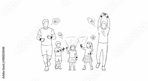 Family engaging in fitness activities, tracking progress digitally