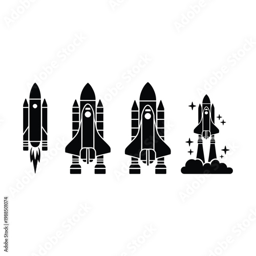 Silhouettes of different space shuttle models and rockets during takeoff phase isolated on transparent background for aero design.