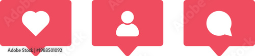Social Media Notification Icon Set. Digital interaction and update design. Push notification and heart sign. Alert bell and message symbols
