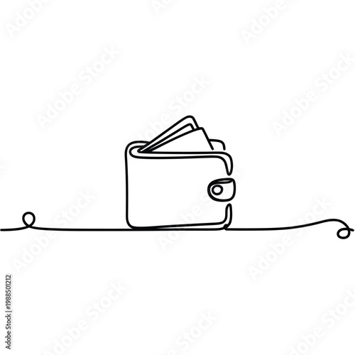 Wallet with cards shown in continuous line art style, symbol for financial services and commerce illustration.