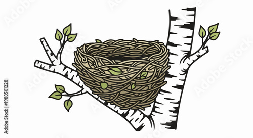 A woven bird nest with leaves rests on a birch tree branch