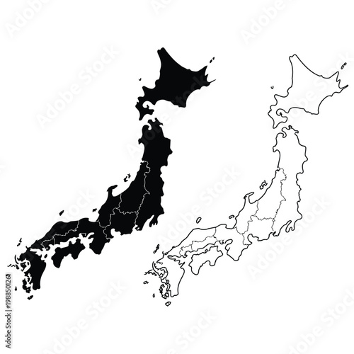 Map of japan showing administrative prefectures in solid black and outline vector illustration on transparent checkered background.