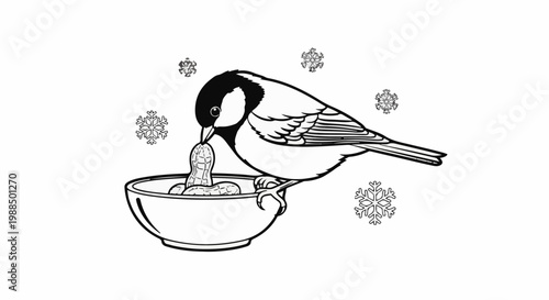 A titmouse bird eating peanuts from a bowl in a winter scene