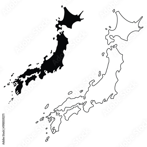 Detailed japan map with prefecture boundaries in black silhouette and outline formats isolated on transparent checkered background.