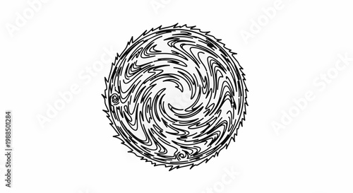 A stylized circular saw blade with swirling lines and jagged edges