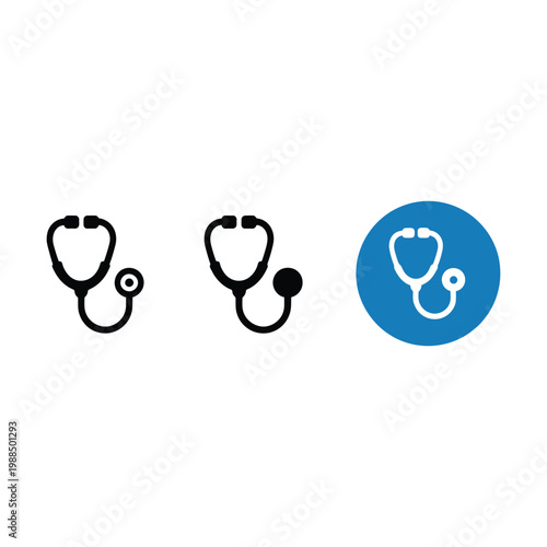 Stethoscope icon set in outline solid and blue circle button versions on transparent background for medical healthcare diagnostics.