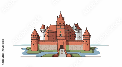 A detailed illustration of a red brick castle with white towers surrounded by water