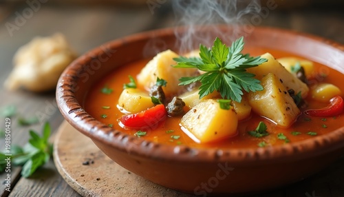 Portuguese fish stew with hearty potatoes and tomatoes steams in clay bowl. Savory Caldeirada dish garnished with fresh parsley and herbs. Rich seafood flavor, rustic cuisine presentation.