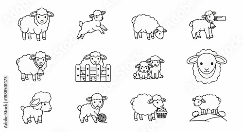 A collection of 12 stylized line drawings featuring sheep in various poses and activities