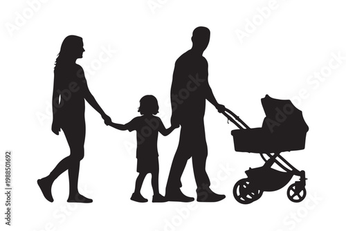 Minimalist parents with two children silhouette for family and love concept.