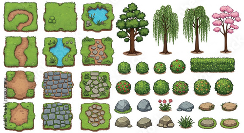 Isometric game map tiles and nature assets, 2D top-down landscape environment kit, cartoon garden elements with trees and paths vector
