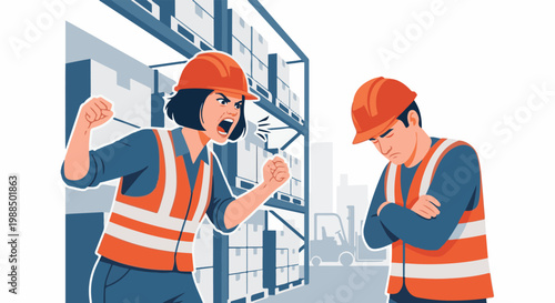 Angry worker scolds colleague in warehouse with stacked boxes