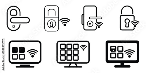 Smart door lock digital security access control icons vector illustration EPS 10, biometric keypad smart home security system flat and line design