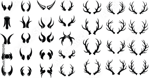 Deer Antlers Silhouette Collection with Various Horn Shapes Tribal and Wildlife Design Elements Vector Illustration Set