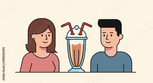 A stylized illustration of a young man and woman sharing a milkshake together