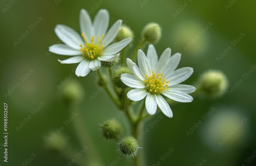 Fototapeta premium Small white flowers with yellow centers grow on green stems. Buds surround blooming petals. Soft bokeh background provides focus on tiny wild flora.