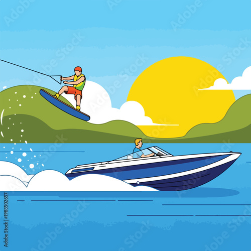 A man wakeboarding behind a motorboat on a lake under a bright yellow sun
