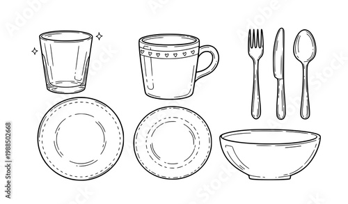 Dinnerware Set Hand Drawn Doodle Vector Illustration