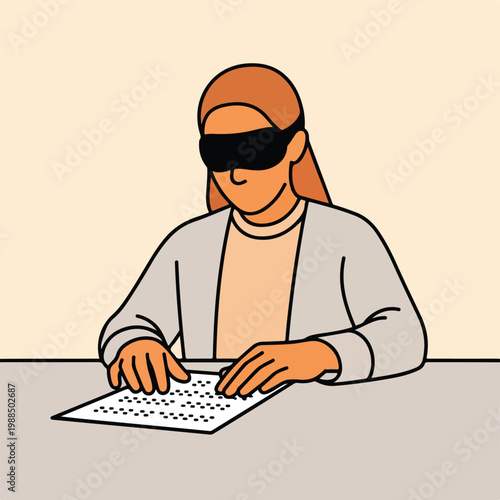 A person with a blindfold using their fingers to read tactile Braille text