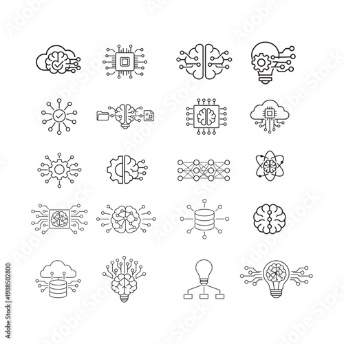 Brain and Intelligence Line Icon Set  Mind, Data, Networking, Computing and Efficiency Vector Collection