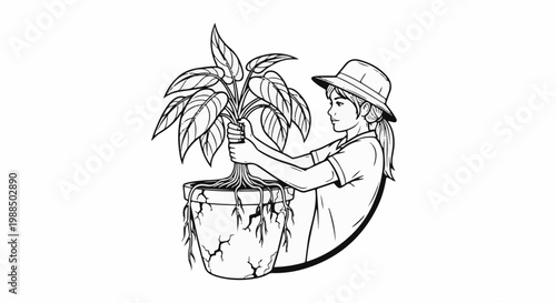 Person with hat tending to potted plant with exposed roots