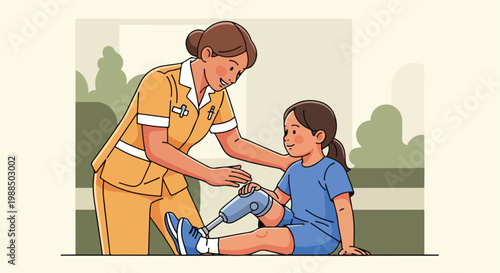 Nurse checking the prosthetic leg of a young girl sitting in a garden setting