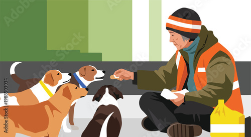 An elderly person in winter gear feeds a group of stray dogs on a city sidewalk