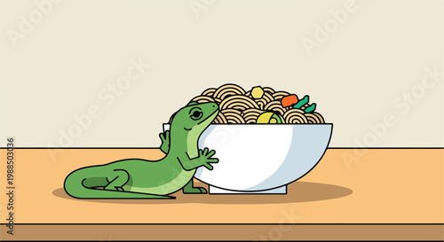 A green lizard leans against a white bowl filled with noodles and vegetables