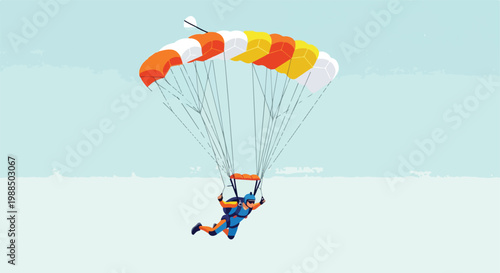 A skydiving person descends through the air with a colorful open parachute canopy