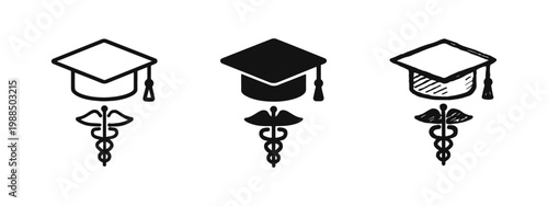 Graduation cap and medical caduceus symbol icon set