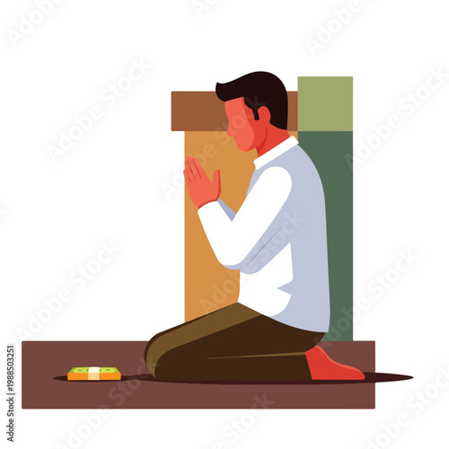 A man kneels with hands together in prayer before a stack of currency on floor