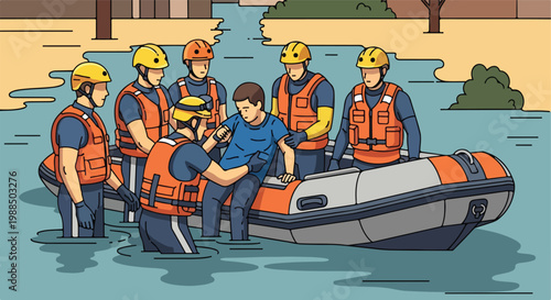 Rescue workers in safety gear helping a person into an inflatable boat in water
