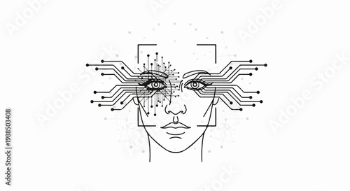 Minimalist illustration of a human face with circuit board patterns on eyes
