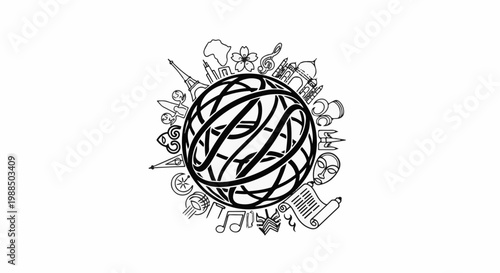 Diverse global icons surround a stylized orb, symbolizing interconnectedness and human achievement