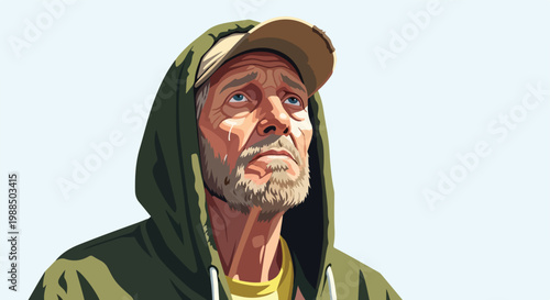 An elderly man in a hooded jacket looking upward with a tearful expression