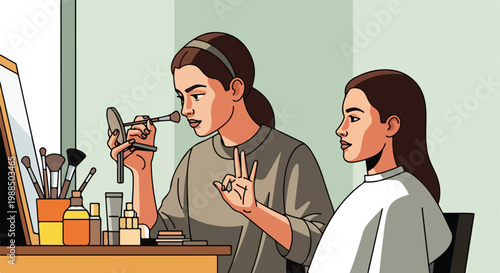 Woman with hand sign showing makeup application to a young girl in a mirror set