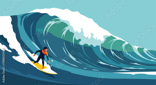 A stylized vector illustration of a surfer riding a large crashing ocean wave