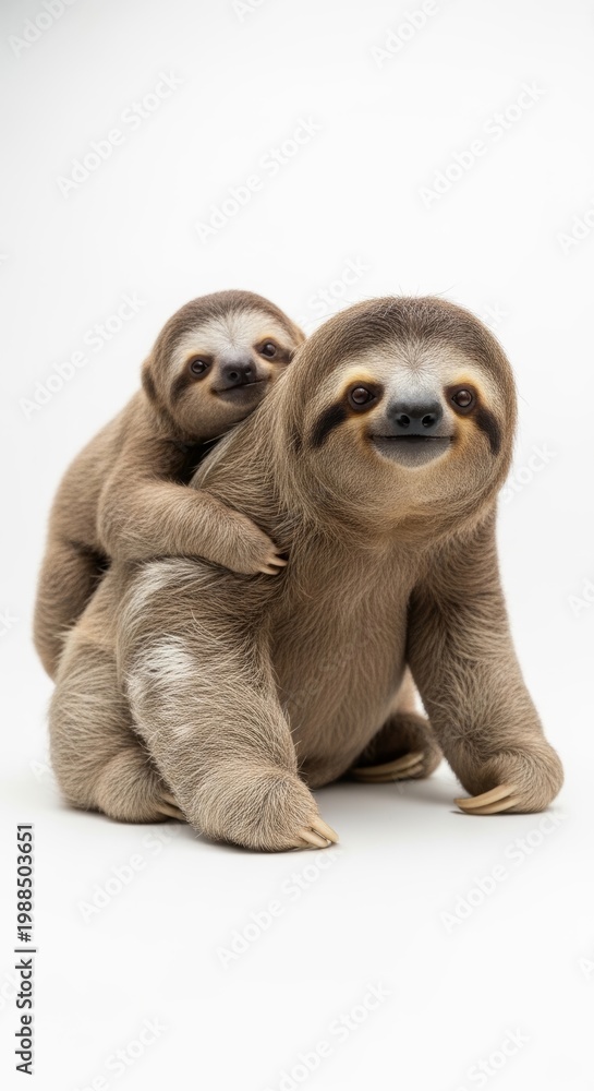Fototapeta premium Three-Toed Sloth Mother Carrying Her Young Baby on White