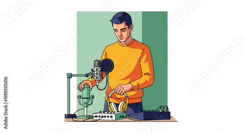 Illustration of a man setting up recording equipment for a podcast or broadcast