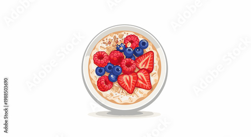 Close up pixel art of a bowl of oatmeal with berries and strawberries
