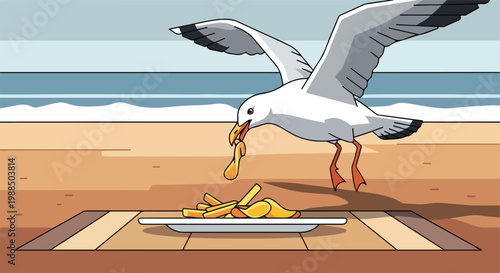 A seagull steals french fries from a plate on a sandy beach by the ocean shore