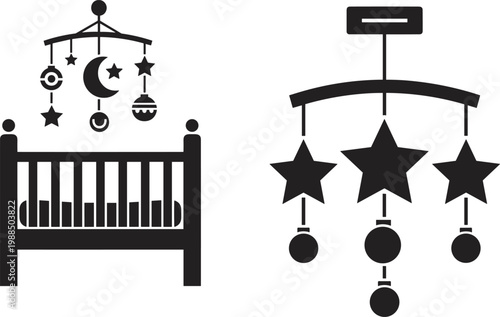 Baby crib silhouette illustration, nursery mobile design, infant sleep symbol artwork, decorative star moon hanging icons