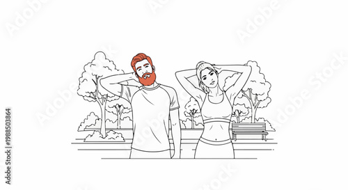 Couple stretching outdoors in a park with trees and bench