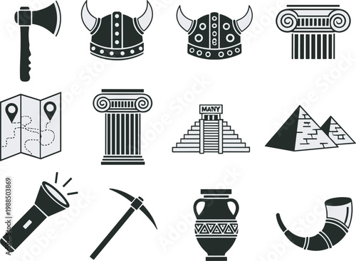 Archaeology icon collection, ancient civilization symbols, Viking helmet artwork, Egyptian pyramid graphics, Mayan culture illustration